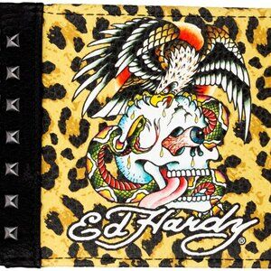 Ed Hardy Leopard Print Skull with Studs Bifold Wallet - WI91628EHQA (TAN)